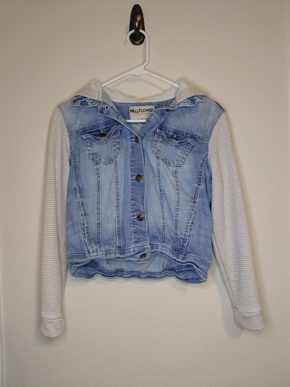 Wallflower Light Blue Denim Jacket with Cream Hooded Knit Sleeves